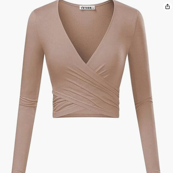 Vetior Tops - Vetior Tan Wrap Fitted Crop Top Long Sleeve